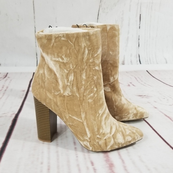 Taupe Crushed Velvet Pointed Toe Heeled Booties - Picture 1 of 6
